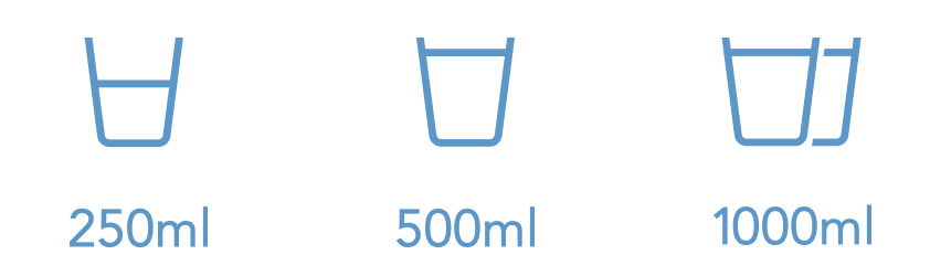 Volume options of 250ml, 500ml and 1000ml