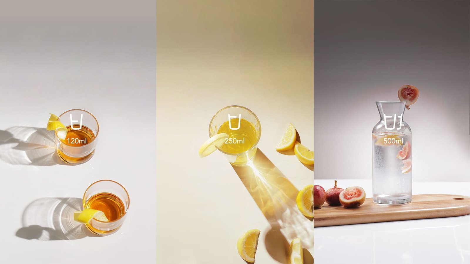 Three drink sizes from the Coway Glaze, labelled 120ml, 250ml and 500ml