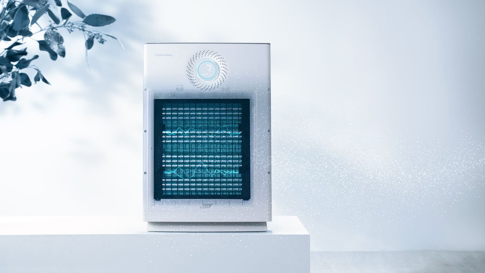 Close-up of the Coway Lombok III RBD Plasma filter glowing blue