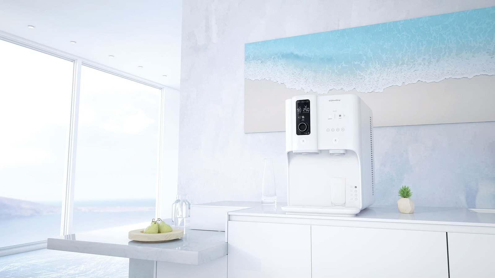 Coway Ombak water purifier on a bright marble counter beside a window, with a wave motif on the wall