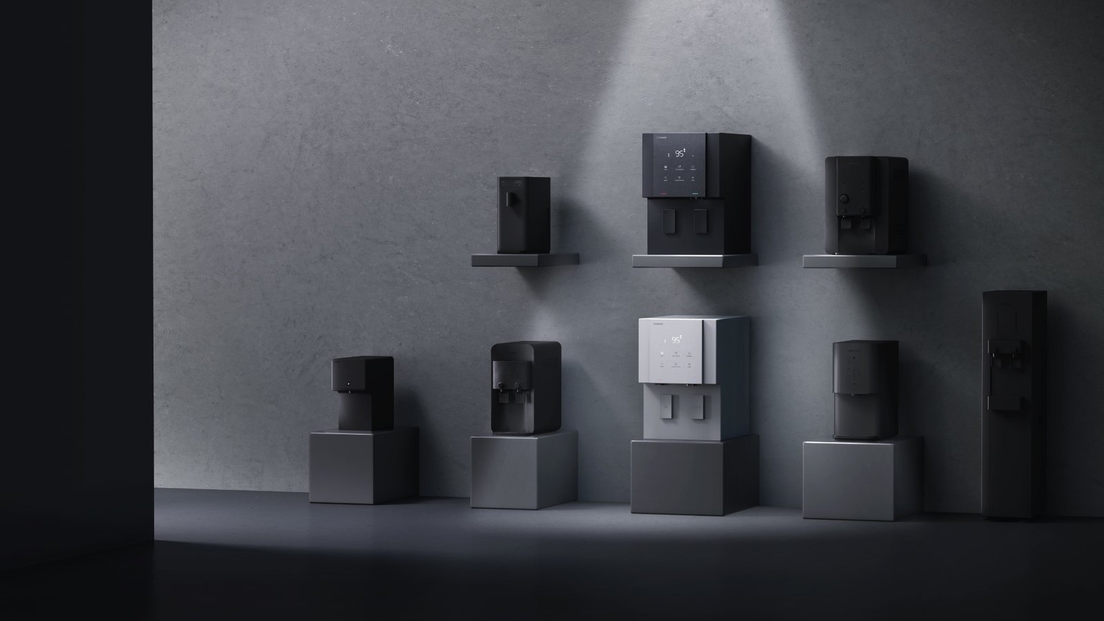 The Coway Villaem III range displayed on pedestals in a concrete studio