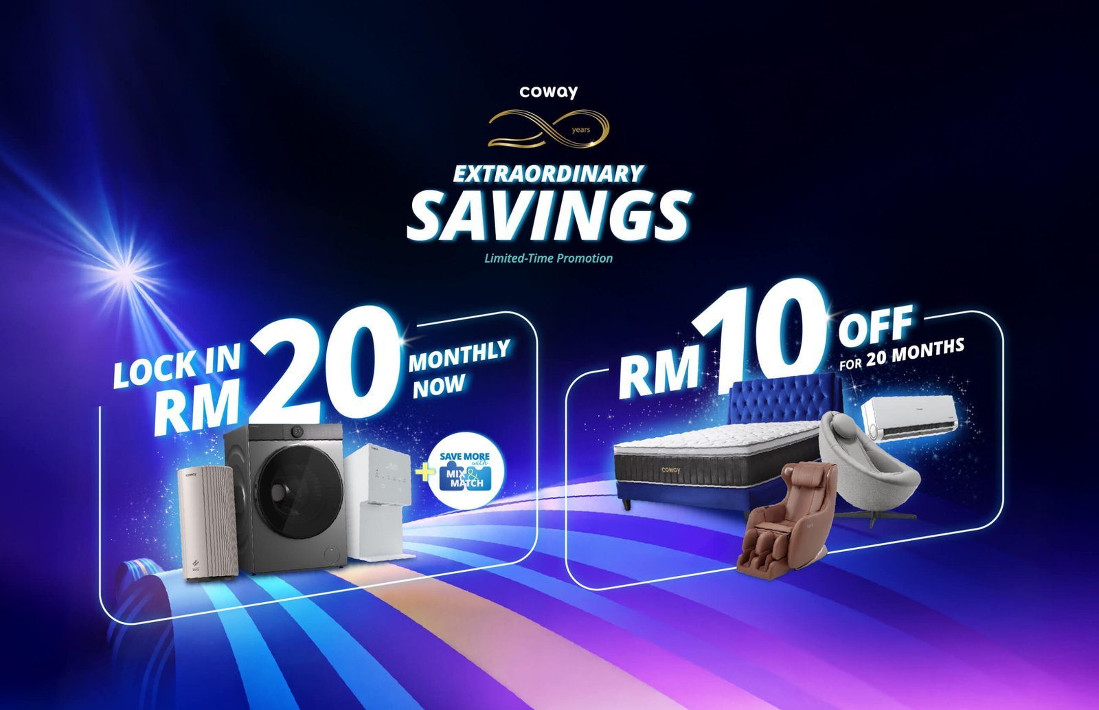 Coway Extraordinary Savings promotion. Lock in RM20 monthly now, or RM10 off for 20 months.